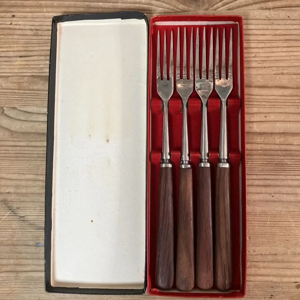 VTG Decorative Fork Lot - Long Wood Handles Japan - Small Gold Tone Set In Boxes